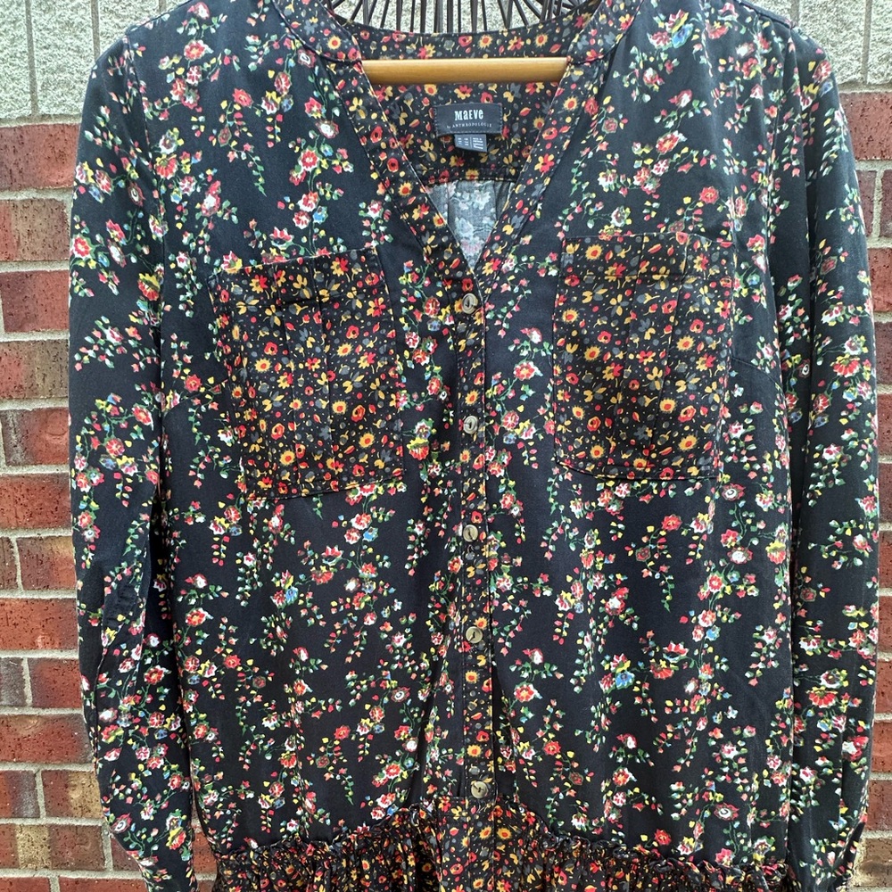 Anthropologie Black Floral Long-Sleeve Tiered Dress - Picture 3 of 16